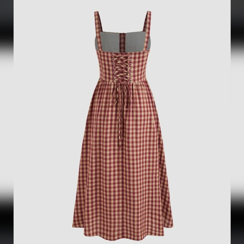 Cider Wine & Cream Cotton Blend Square Neck Gingham Maxi Dress NWT Size Small - Picture 2 of 9